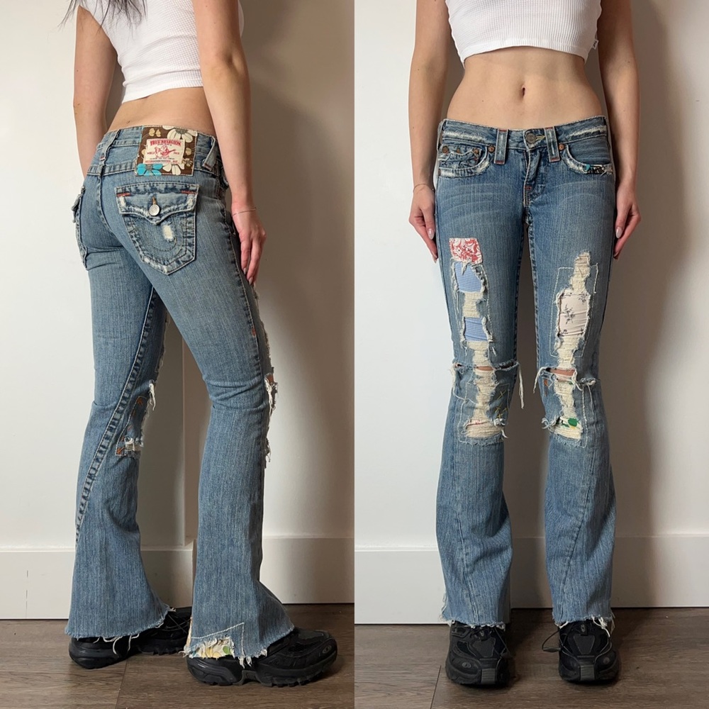True Religion patched distressed low rise flare denim